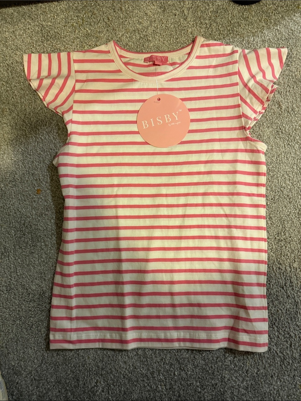 BISBY Pink & White Striped Short Sleeve Tee with Flutter Shoulders
